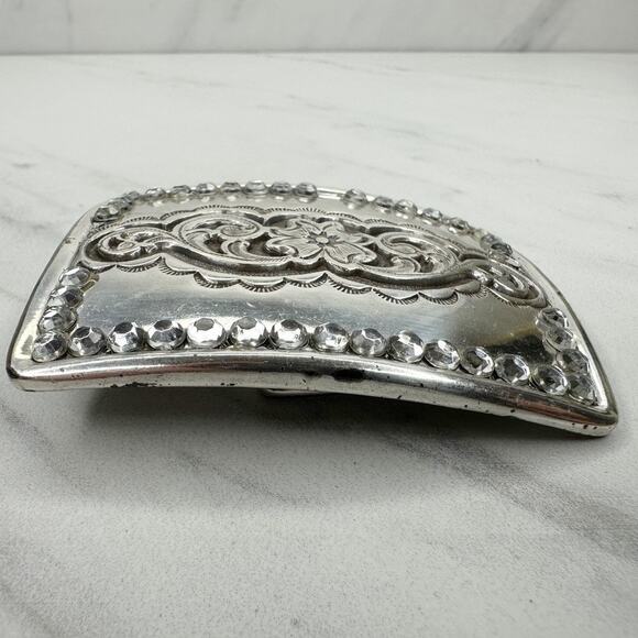 Vintage 1995 Western Rhinestone Belt Buckle Flower Scroll Silver ✨ - Picture 8 of 11